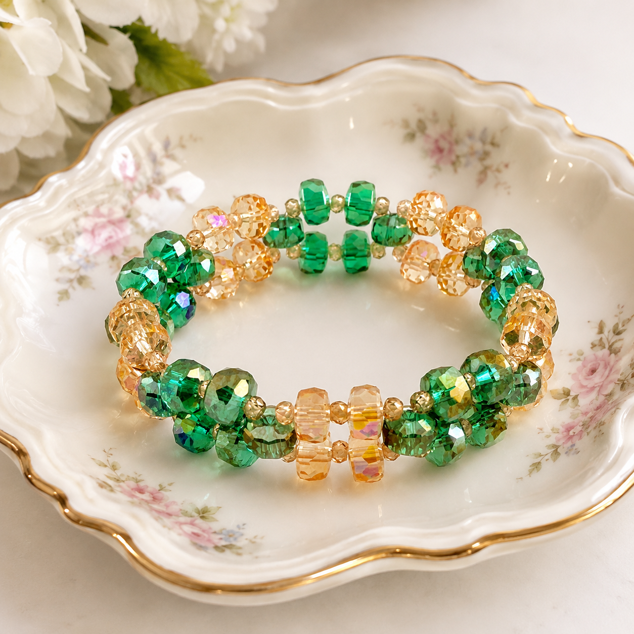 Emerald Sunrise 3-Layer Crystal Stretch Bracelet