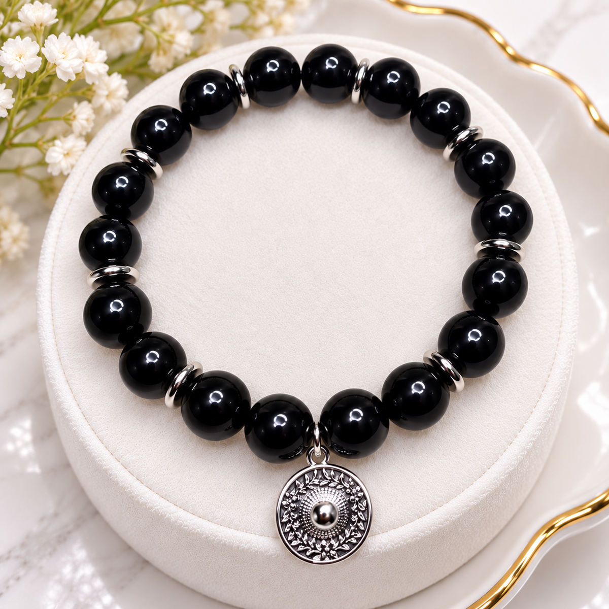 Black Onyx Bracelet | 10mm Natural Gemstone Beads with White Gold-Filled Hat Charm