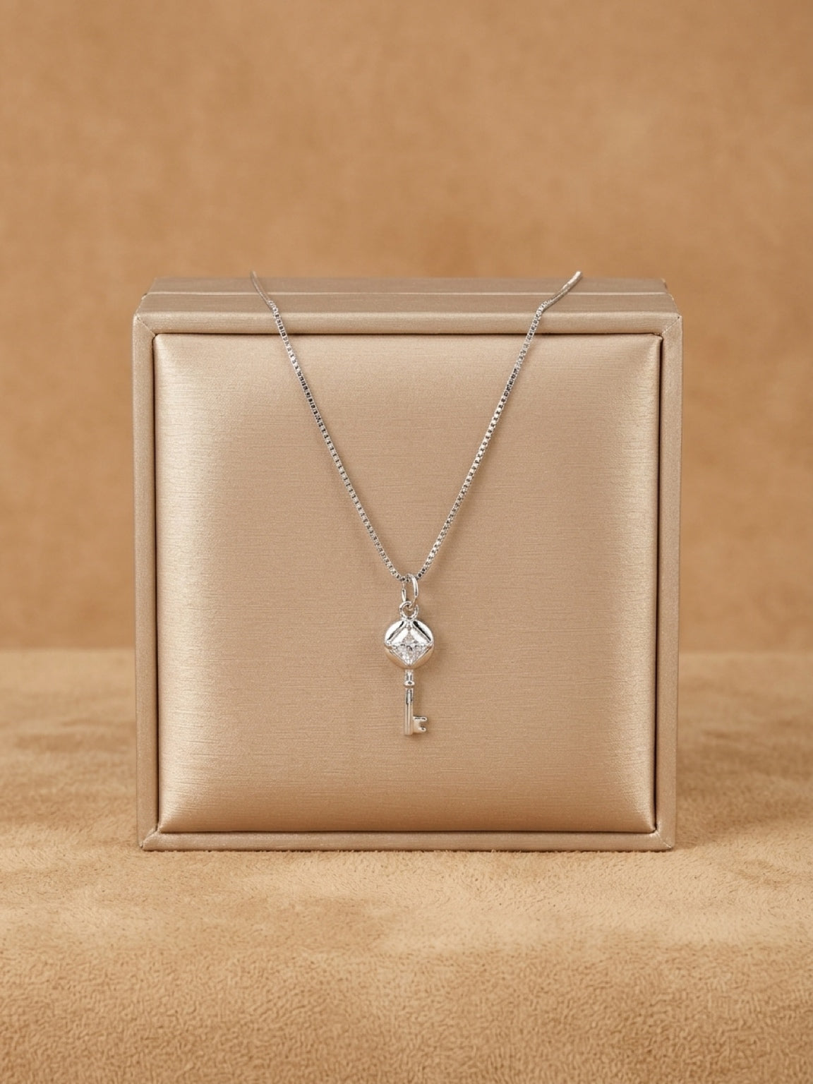 Crystal Key to My Heart Necklace – White Gold Over Brass | Elegant Sparkling Pendant