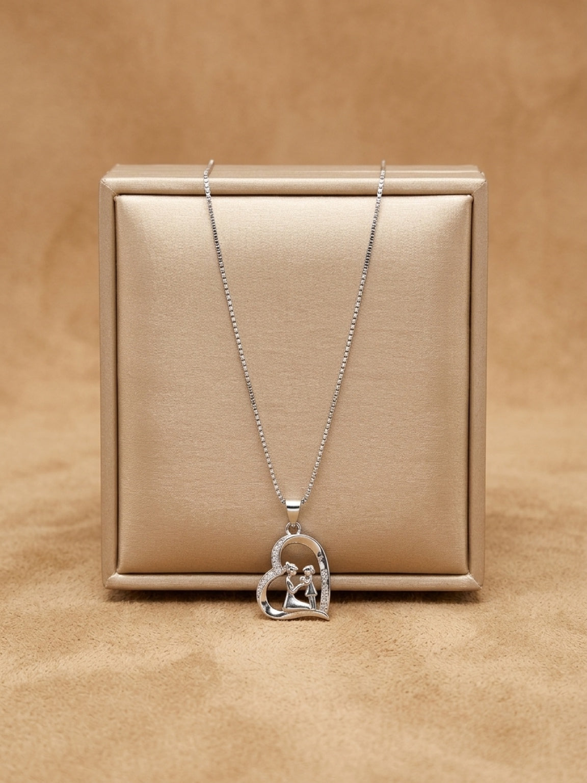 Forever in My Heart – Mother & Daughter Heart Pendant Necklace | White Gold Over Brass Chain