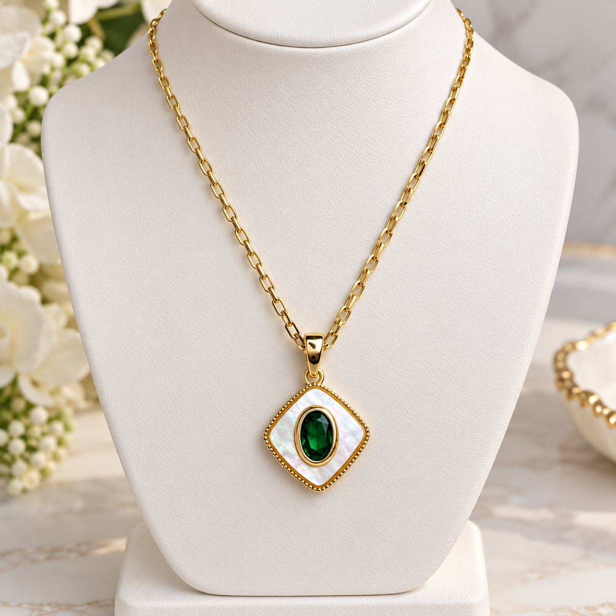 18K Gold Filled Mother of Pearl Necklace | Emerald Green CZ Pendant | 17 Inches