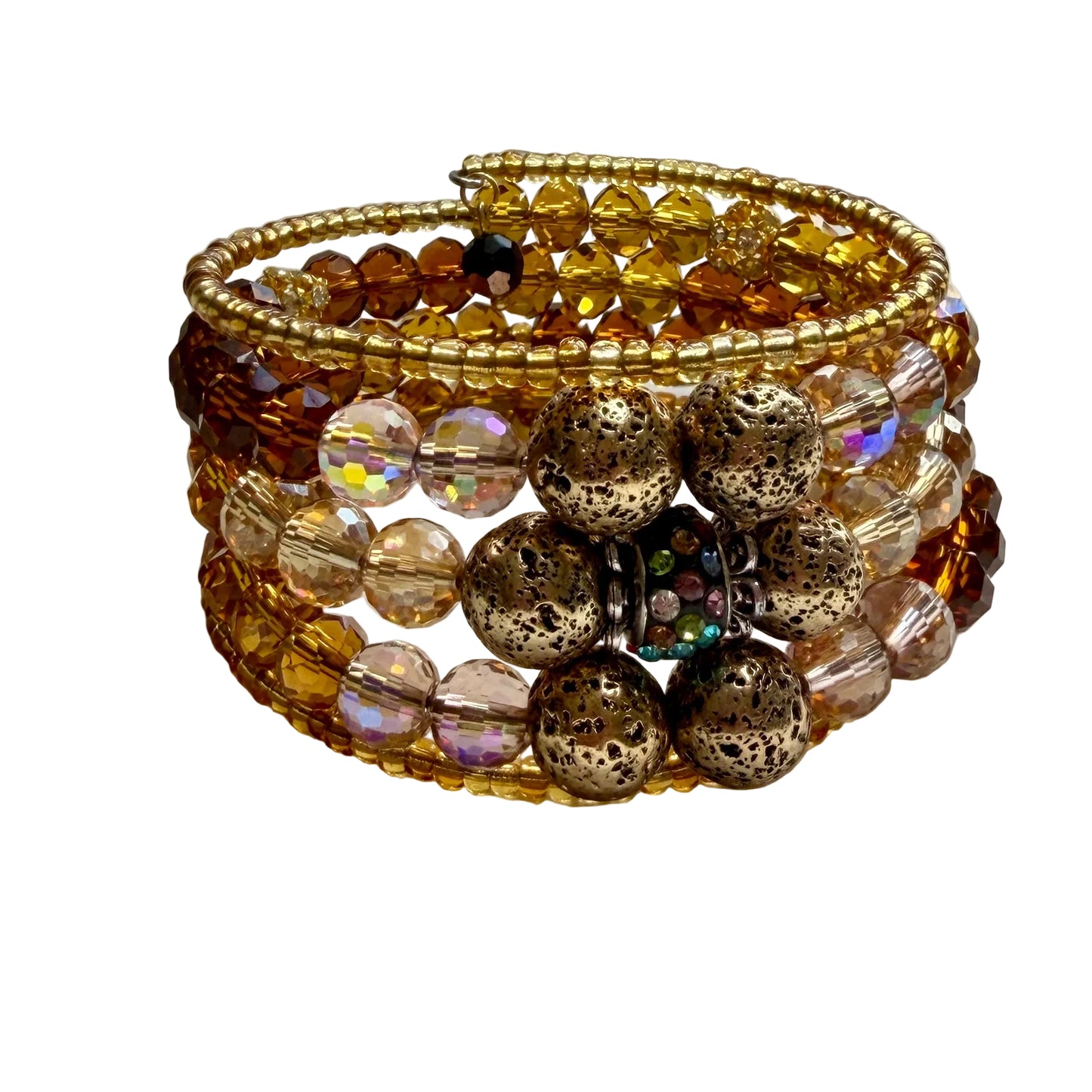 Golden Amber Memory Wire Bracelet with Antique Bronze Lava Flower