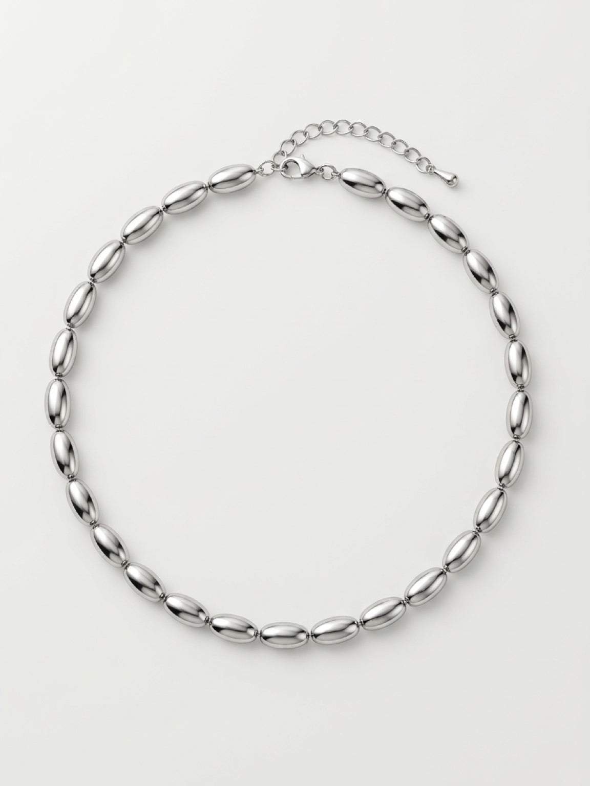 Elegant White Gold Over Brass Oval Bead Necklace – Adjustable Necklace