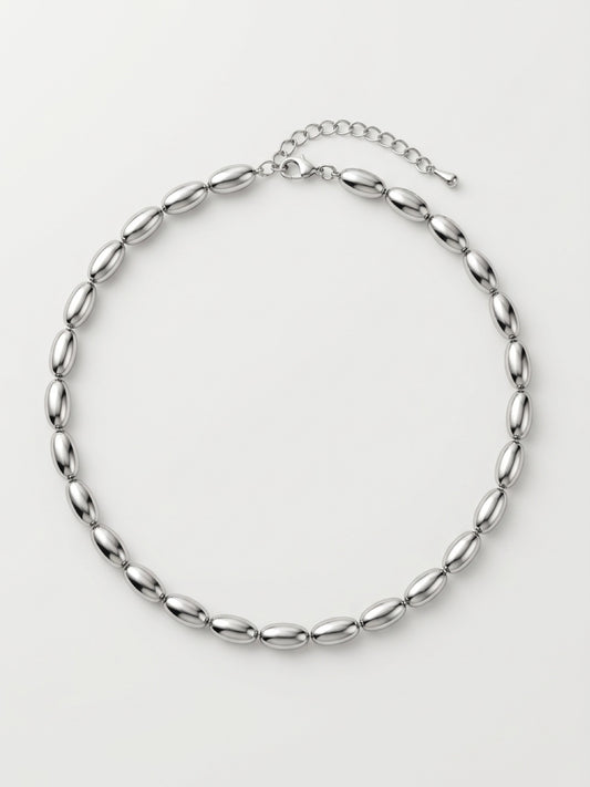 Elegant White Gold Over Brass Oval Bead Necklace – Adjustable Necklace