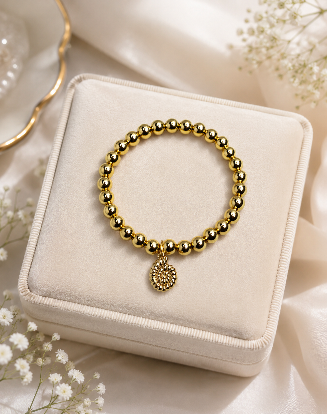18K Gold-Filled 6mm Beaded Stretch Bracelet with Charm