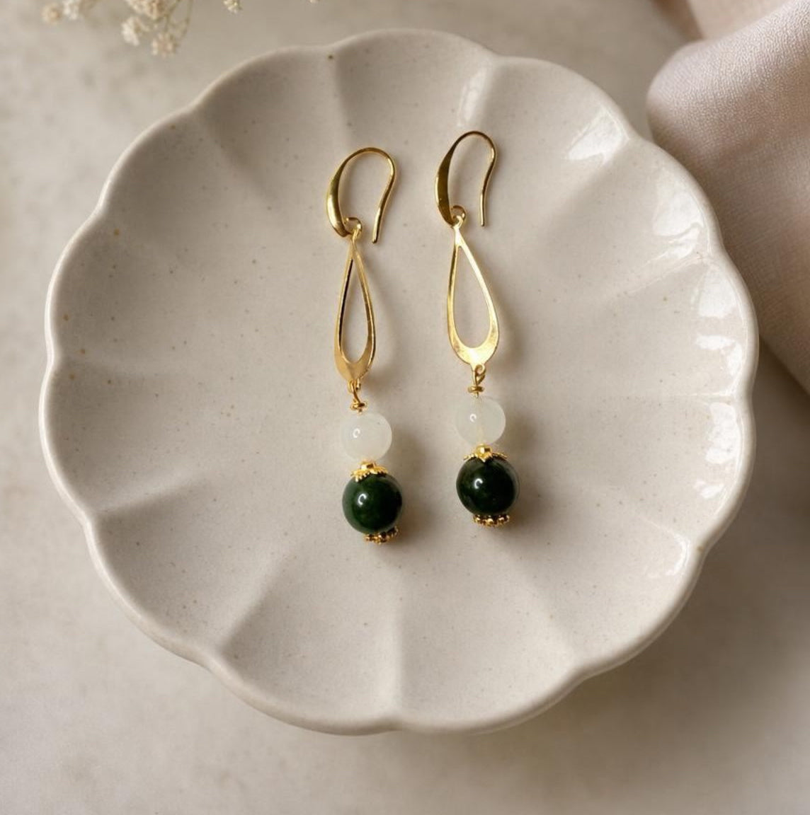 Green Jade & Milky Quartz Drop Earrings