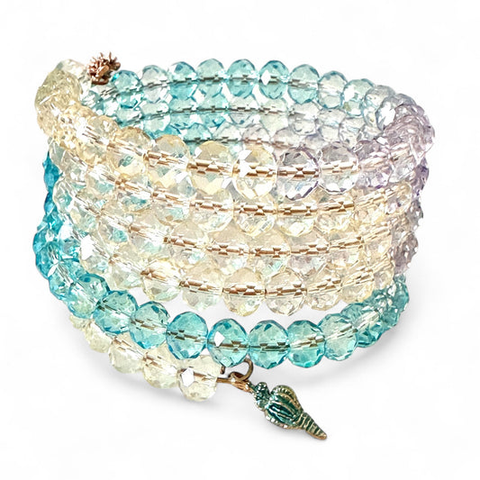 “Sea Goddess” Memory Wire Bracelet – 5-Ring Ombre Crystal Wrap with Shell Charm