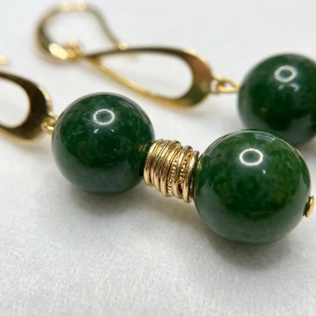 Green Nephrite & Gold Teardrop Dangle Earrings