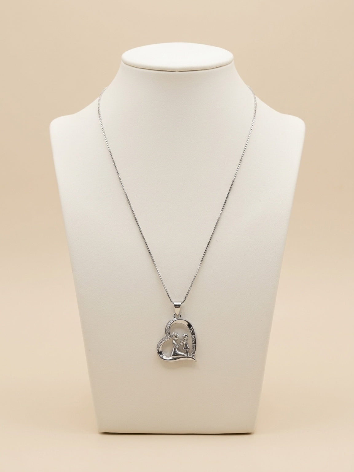 Forever in My Heart – Mother & Daughter Heart Pendant Necklace | White Gold Over Brass Chain