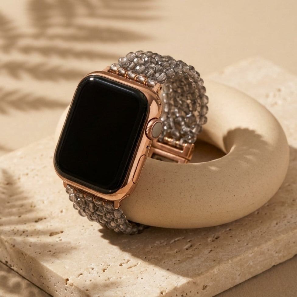 Smoky Quartz Hand-Woven Smartwatch Band – Rose Gold