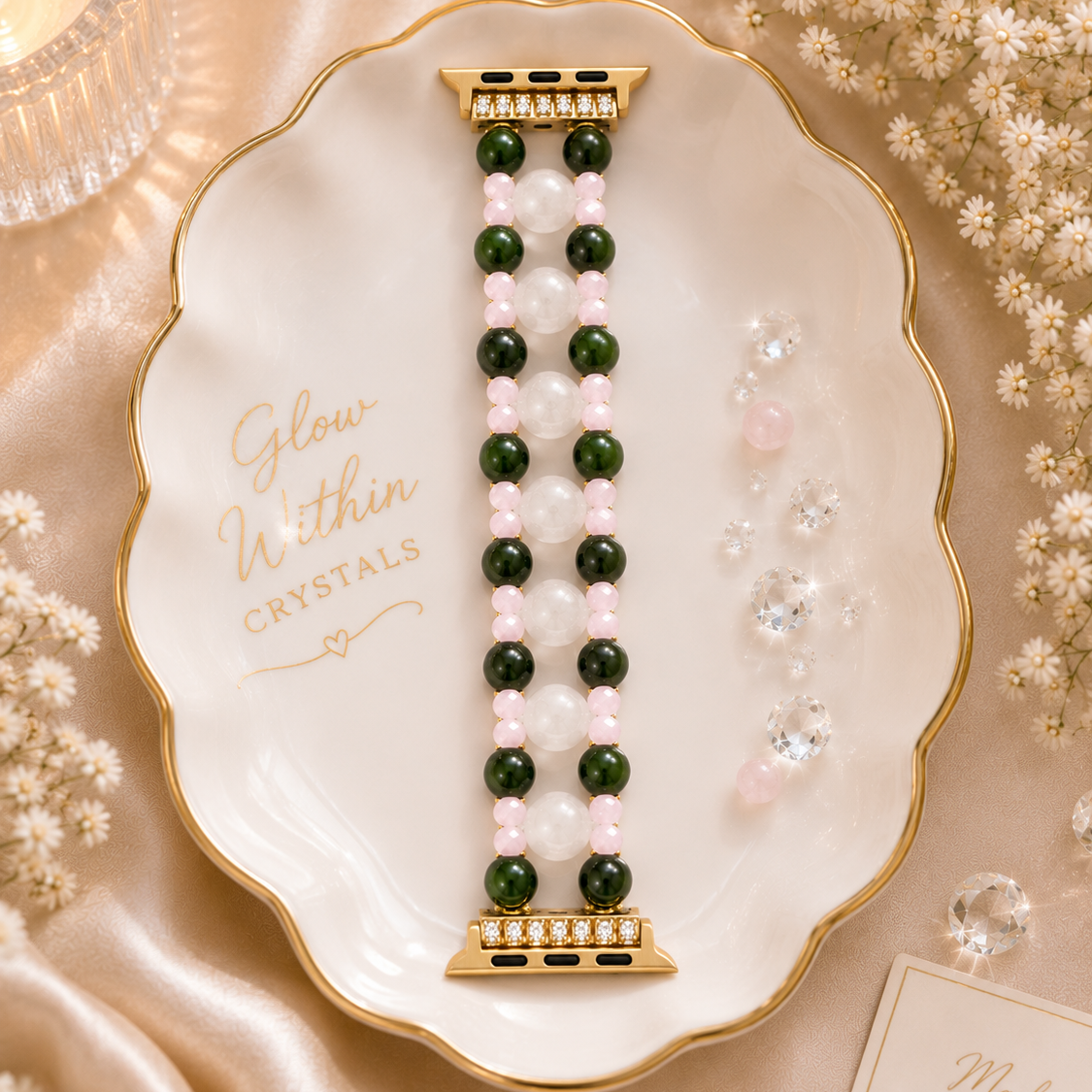 Milky Quartz, Green Jade & Pink Quartz Elastic Apple Watch Band