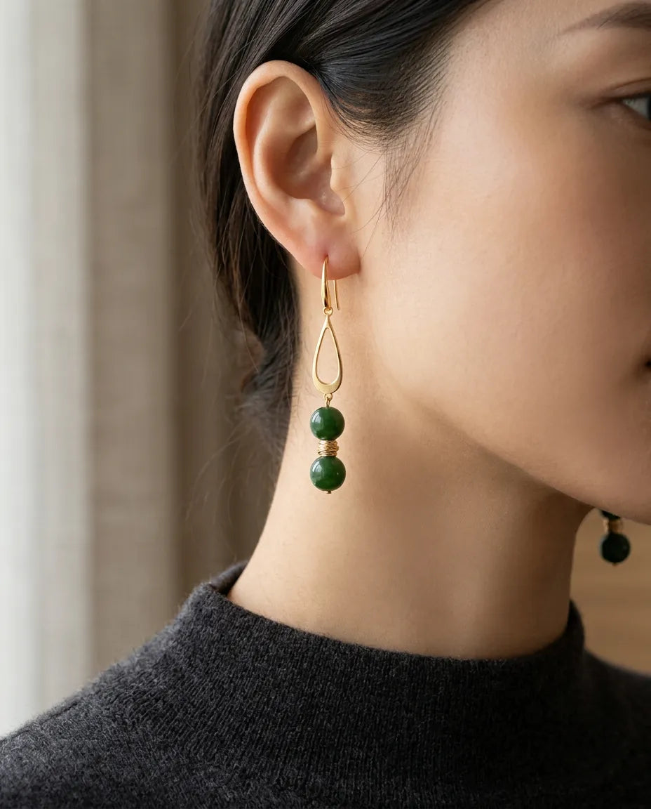 Green Nephrite & Gold Teardrop Dangle Earrings