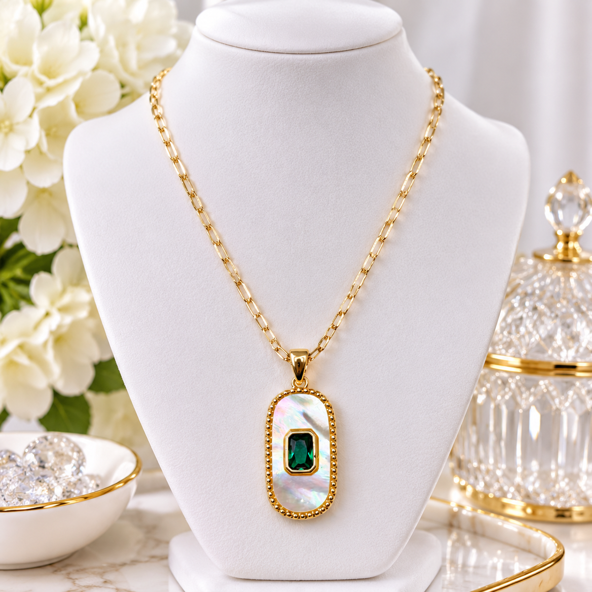 18K Gold Filled Mother of Pearl Necklace with Emerald Green CZ | 17 Inches