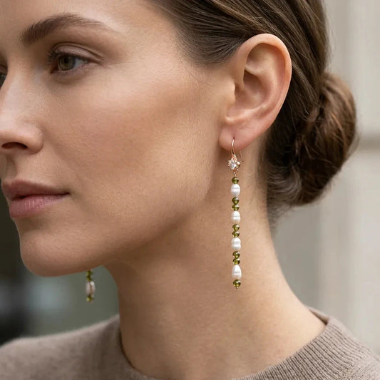 Natural Freshwater Shell Pearl & Olive Green Zircon Earrings
