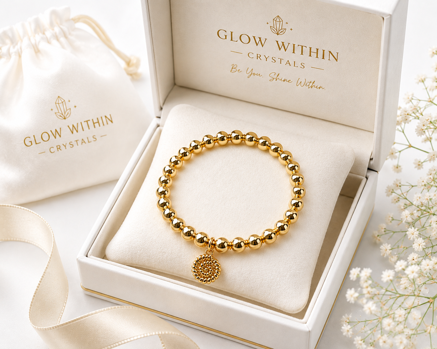 18K Gold-Filled 6mm Beaded Stretch Bracelet with Charm