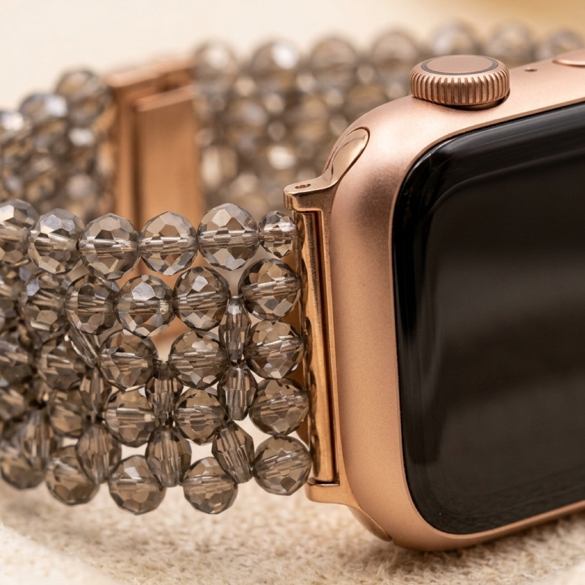 Smoky Quartz Hand-Woven Smartwatch Band – Rose Gold