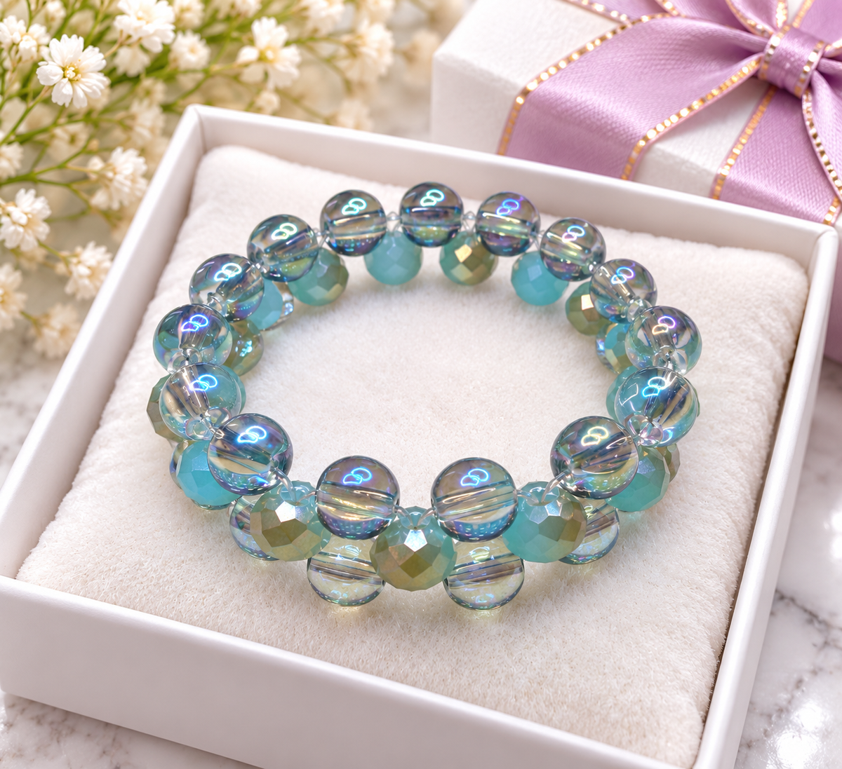 Iridescent Electroplated Glass Bead Bracelet | 8mm Aqua Crystal Stretch Bracelet