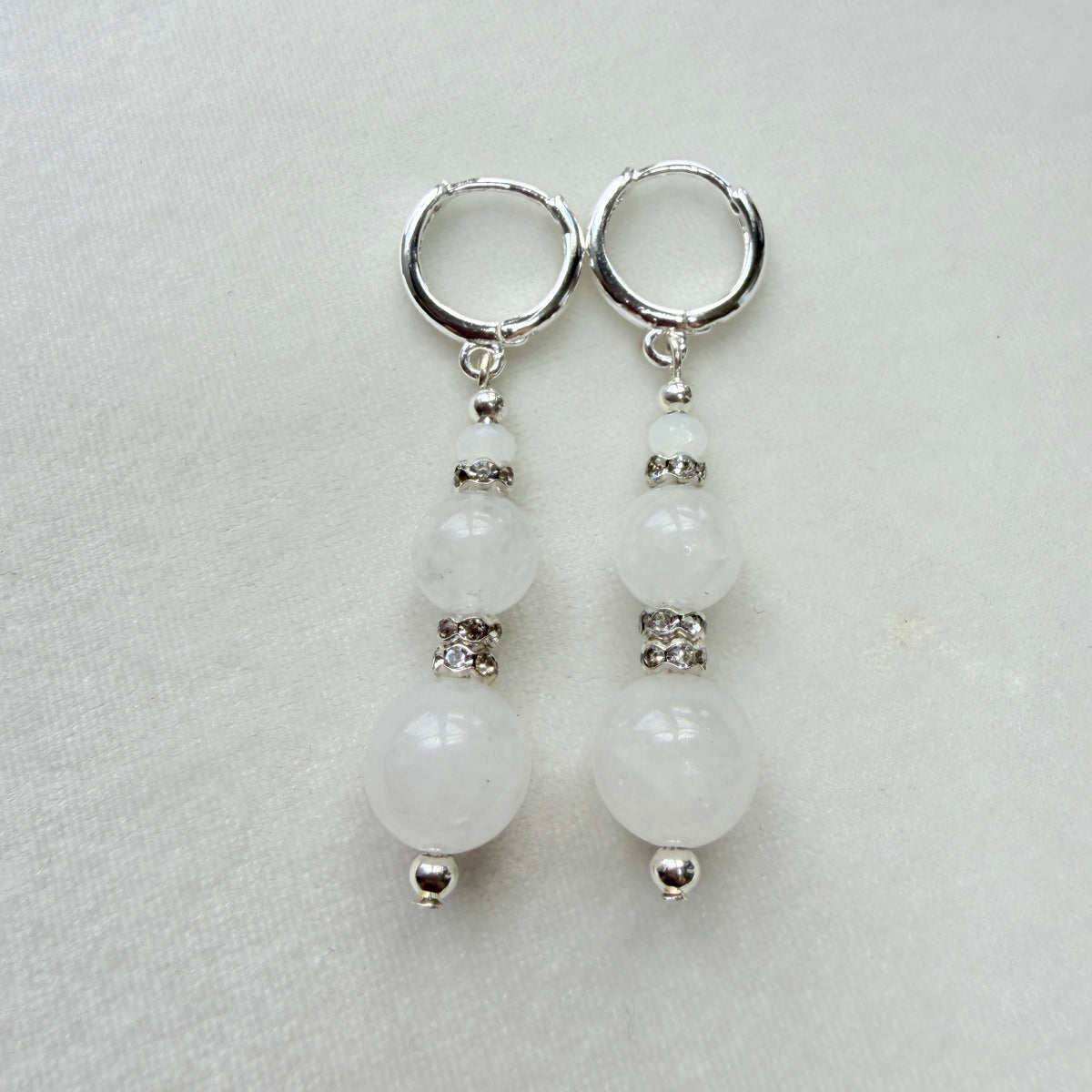 Milky Quartz Silver Sparkle Drop Hoop Earrings