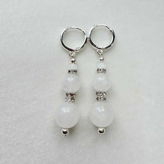 Milky Quartz Silver Sparkle Drop Hoop Earrings