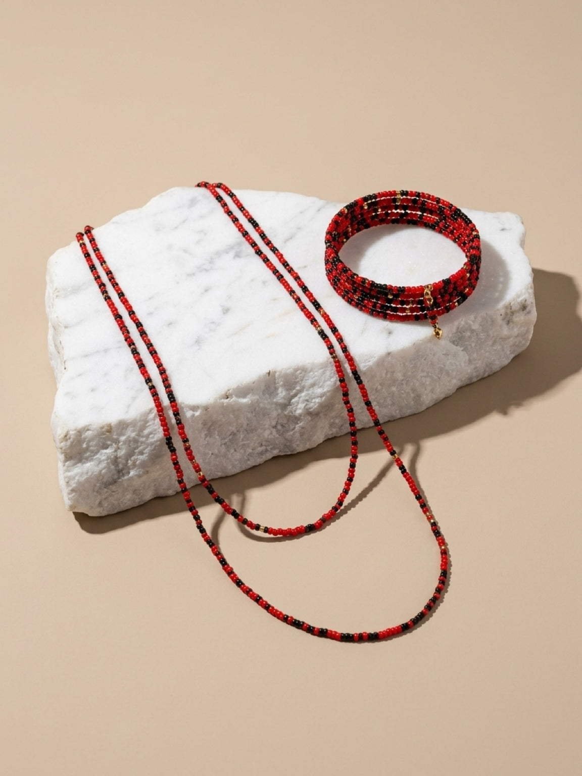 Red & Black Seed Bead Necklace and Memory Wire Bracelet Set