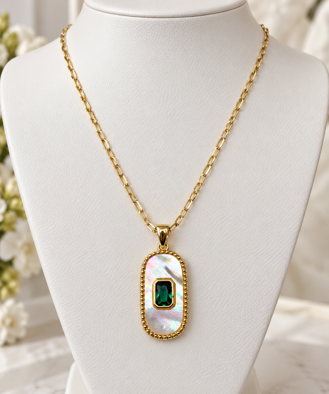18K Gold Filled Mother of Pearl Necklace with Emerald Green CZ | 17 Inches