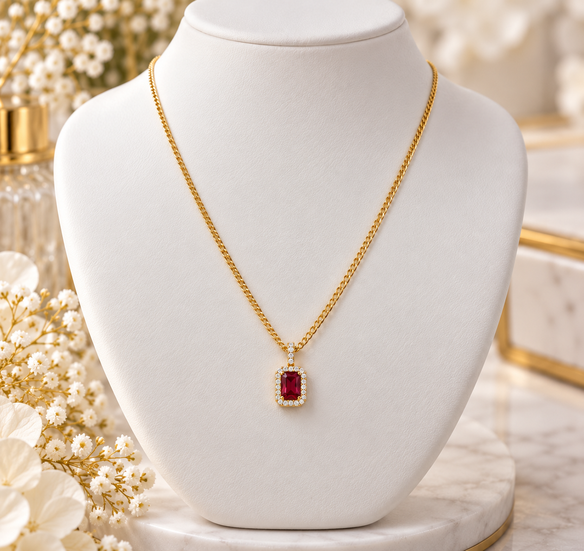 Ruby Red Crystal Pendant Necklace | 18K Gold Filled Brazilian Curb Chain