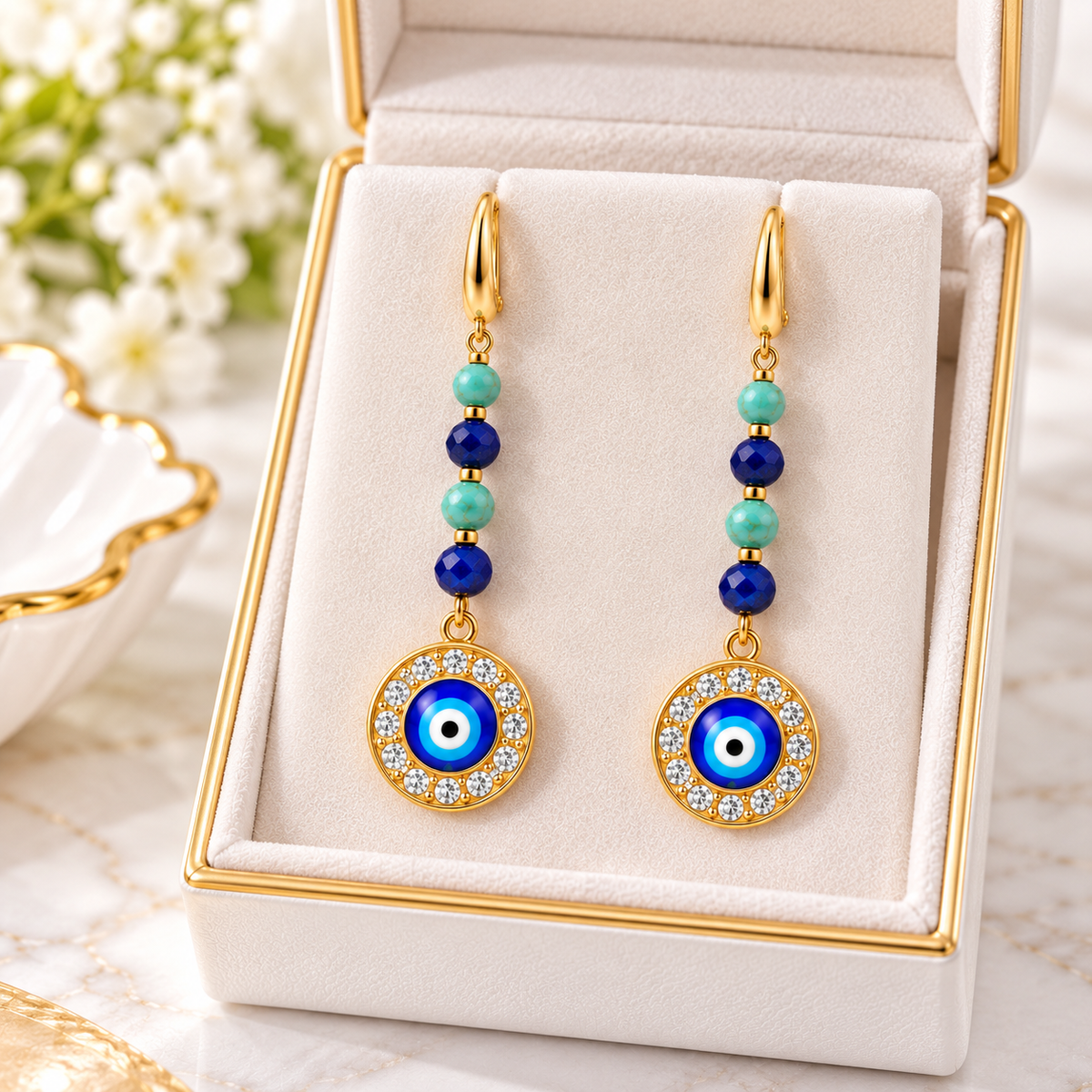 Turquoise & Lapis Lazuli Evil Eye Dangle Earrings