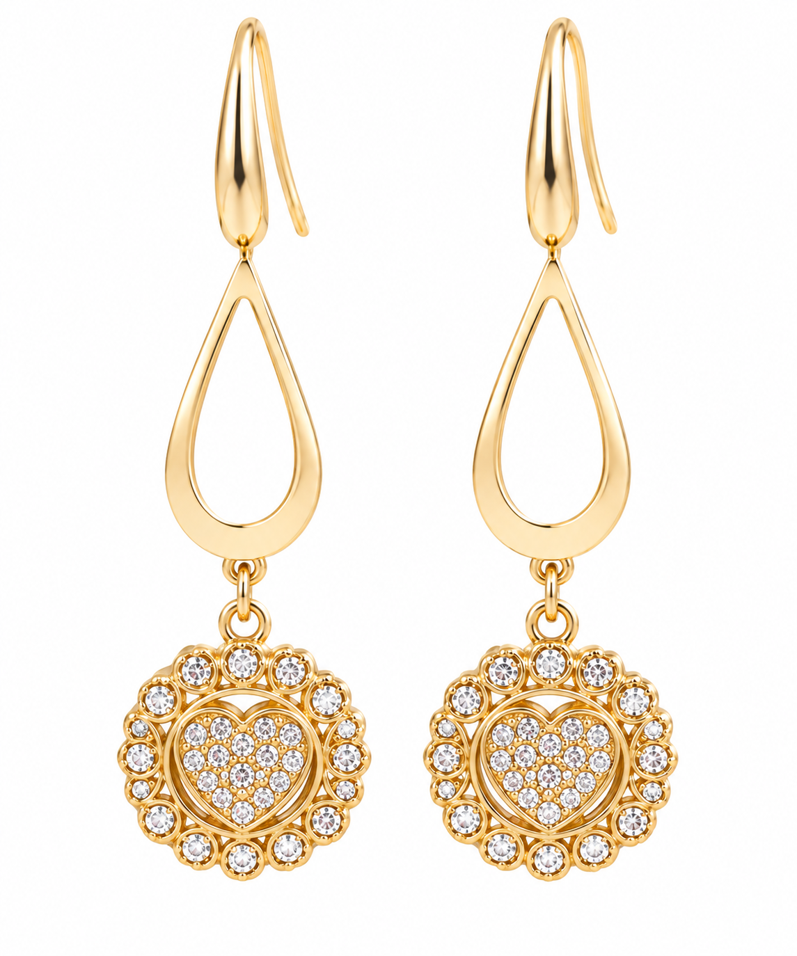 Gold-Plated Crystal Heart Dangle Earrings