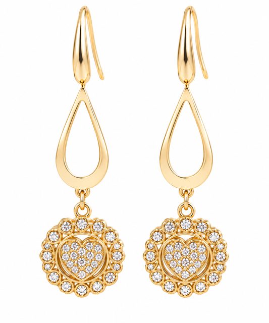 Gold-Plated Crystal Heart Dangle Earrings
