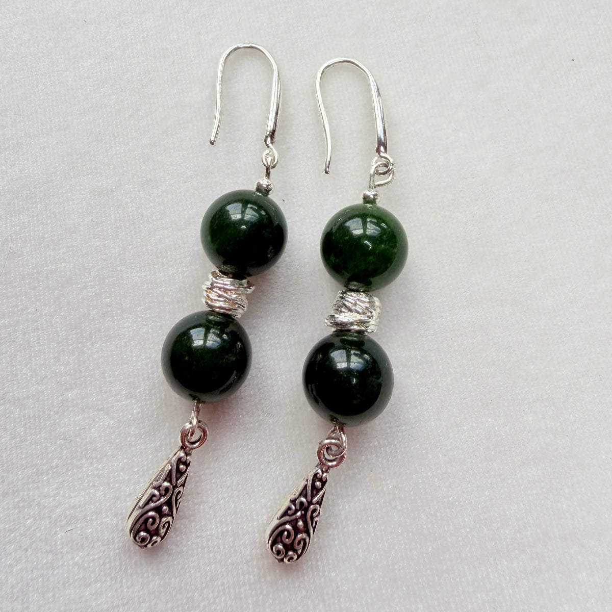 Green Nephrite Jade Silver-Plated Dangle Earrings