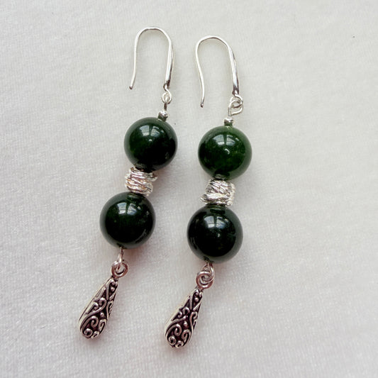 Green Nephrite Jade Silver-Plated Dangle Earrings