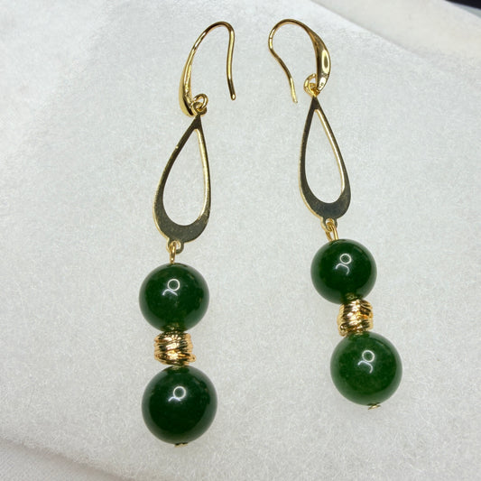Green Nephrite & Gold Teardrop Dangle Earrings