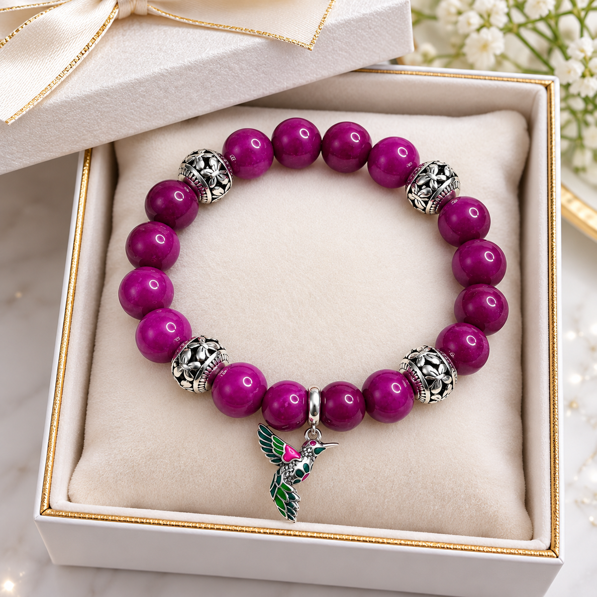 Sugilite Jade 10mm Hummingbird Charm Bracelet | 925 Sterling Silver