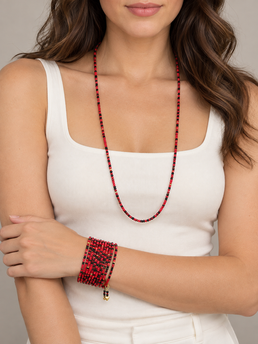 Red & Black Seed Bead Necklace and Memory Wire Bracelet Set