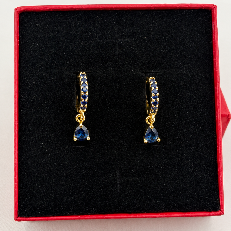 Midnight Sapphire Blue CZ Teardrop Huggie Earrings | 18K Gold Filled
