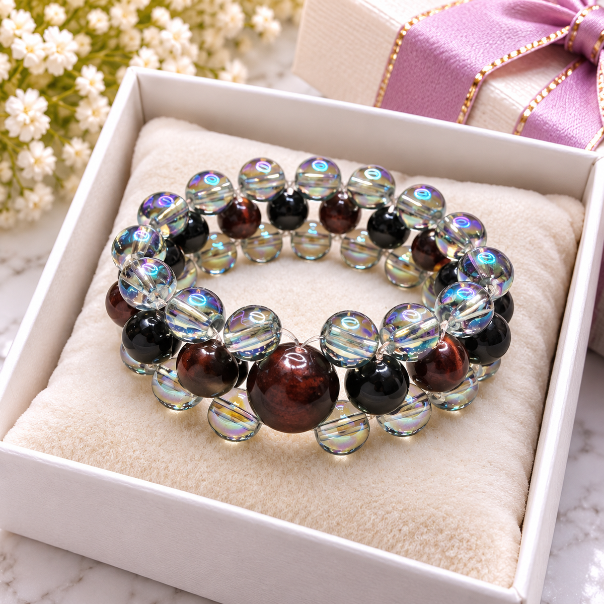 Tiger’s Eye &amp; Iridescent Electroplated Glass Bead Bracelet | 7-Inch Stretch Bracelet