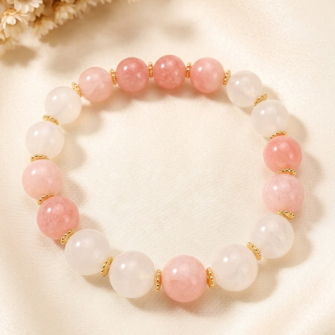 Glow & Grace – Strawberry Quartz and Milky Quartz Bracelet
