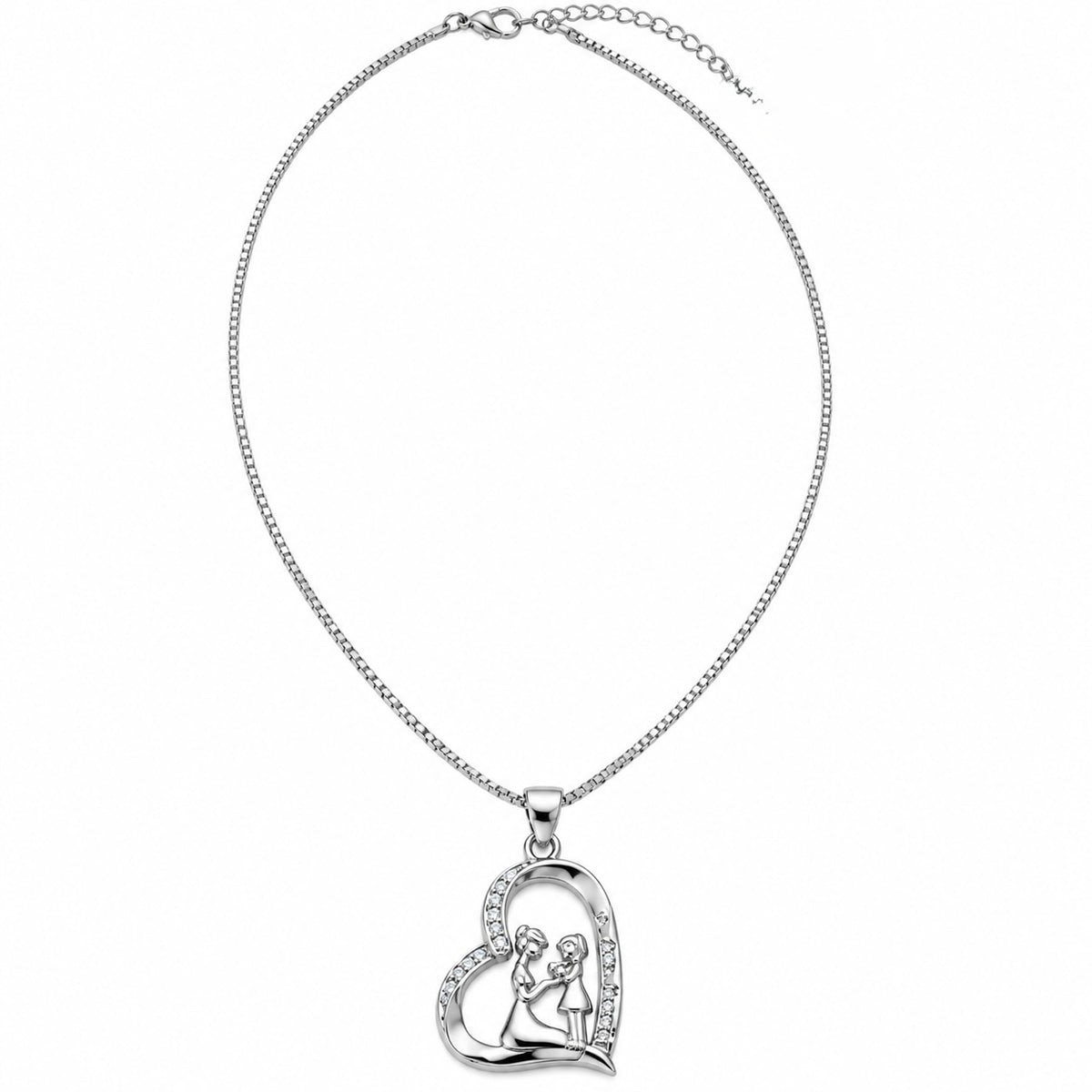 Forever in My Heart – Mother & Daughter Heart Pendant Necklace | White Gold Over Brass Chain