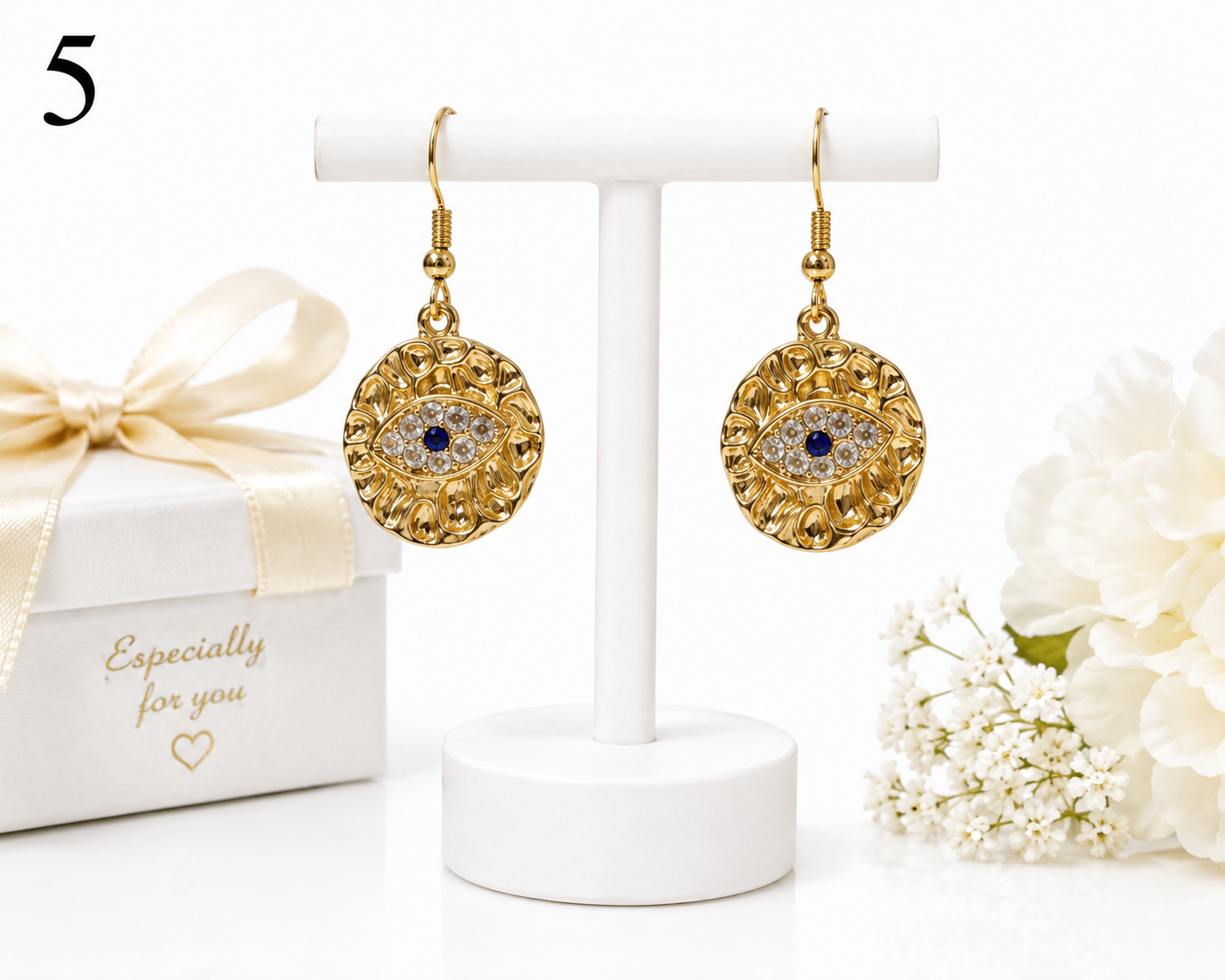 Gold Evil Eye Crystal Drop Earrings – Protective Charm