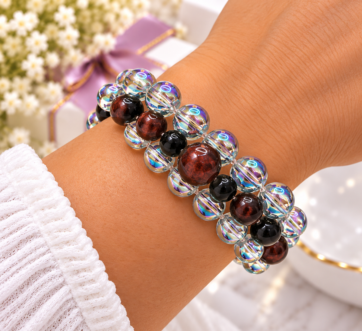 Tiger’s Eye &amp; Iridescent Electroplated Glass Bead Bracelet | 7-Inch Stretch Bracelet