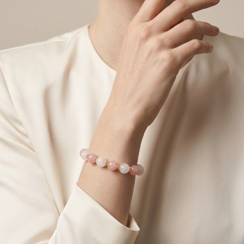 Glow & Grace – Strawberry Quartz and Milky Quartz Bracelet