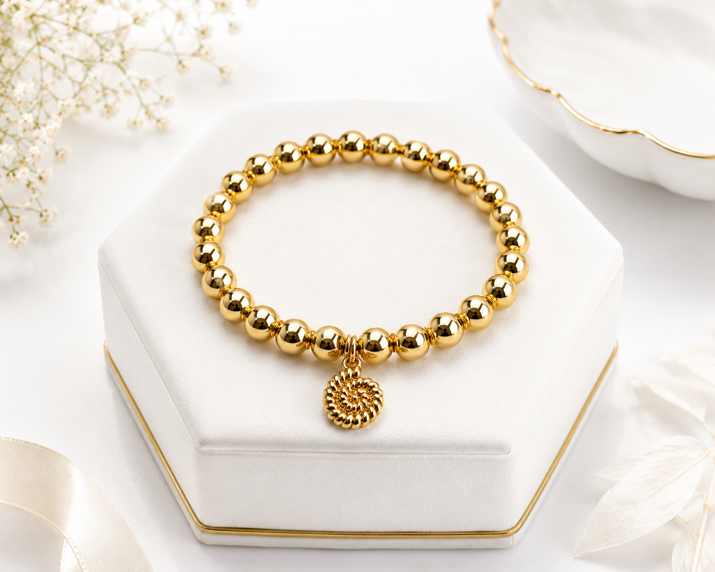 18K Gold-Filled 6mm Beaded Stretch Bracelet with Charm