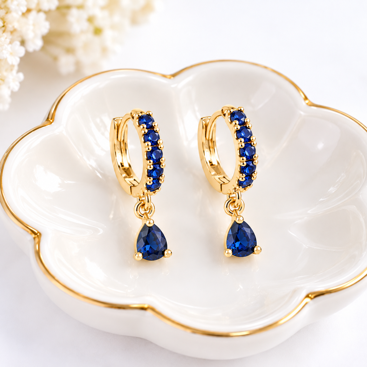 Midnight Sapphire Blue CZ Teardrop Huggie Earrings | 18K Gold Filled