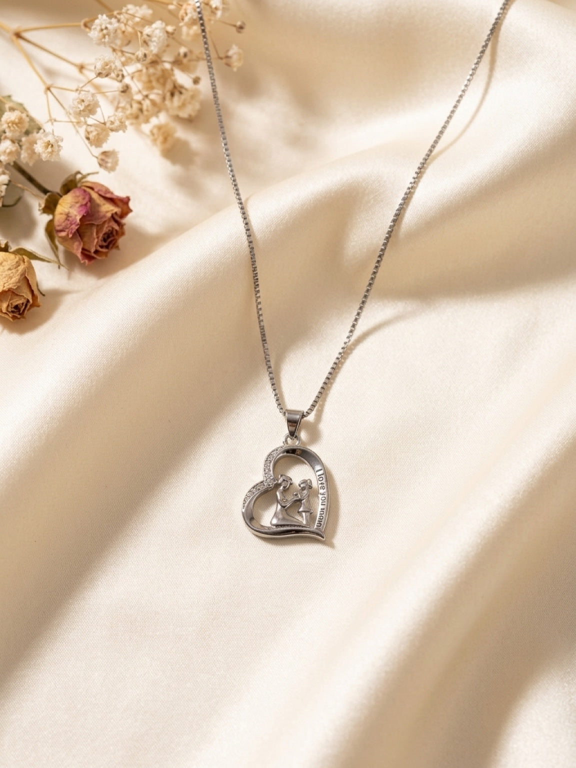 Forever in My Heart – Mother & Daughter Heart Pendant Necklace | White Gold Over Brass Chain
