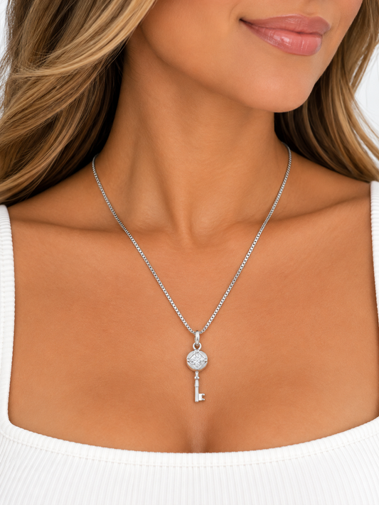 Crystal Key to My Heart Necklace – White Gold Over Brass | Elegant Sparkling Pendant