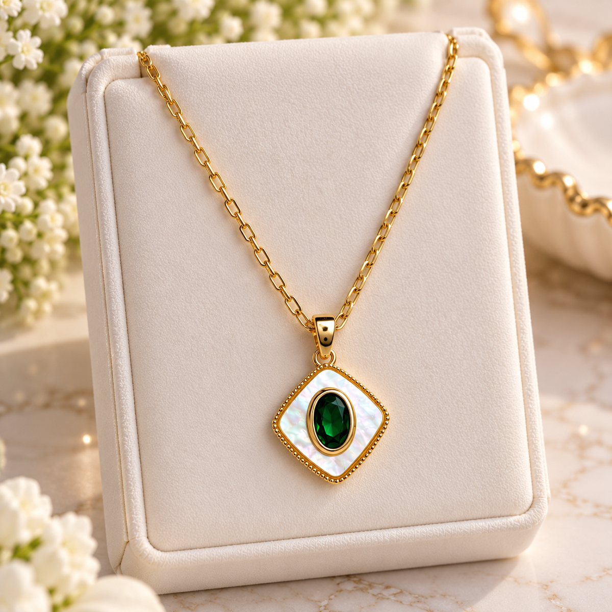 18K Gold Filled Mother of Pearl Necklace | Emerald Green CZ Pendant | 17 Inches