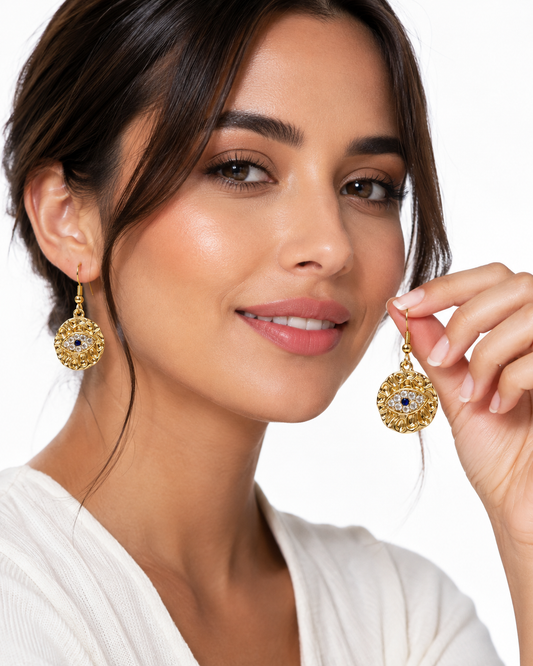 Gold Evil Eye Crystal Drop Earrings – Protective Charm