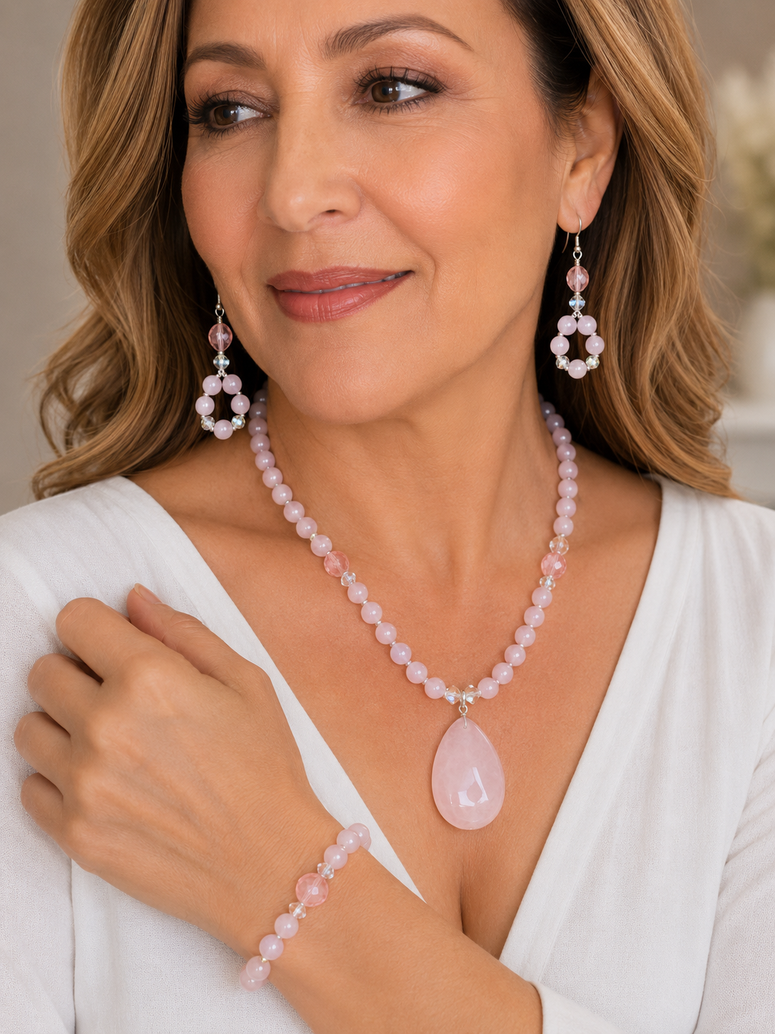 Rose Quartz & Cherry Quartz Waterdrop Jewelry Set