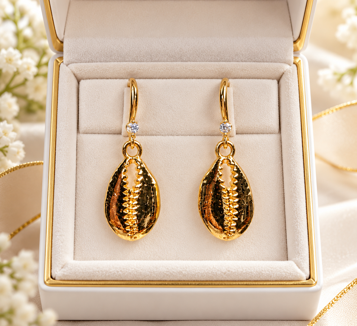 Golden Cowrie Shell Earrings – 18K Gold-PlatedDescriptionBring a touch of coastal elegance to your jewelry collection with these beautiful Golden Cowrie Shell Earrings.Featuring beautifully detailed cowrie shell charms with a polished 18K gold-plated fini