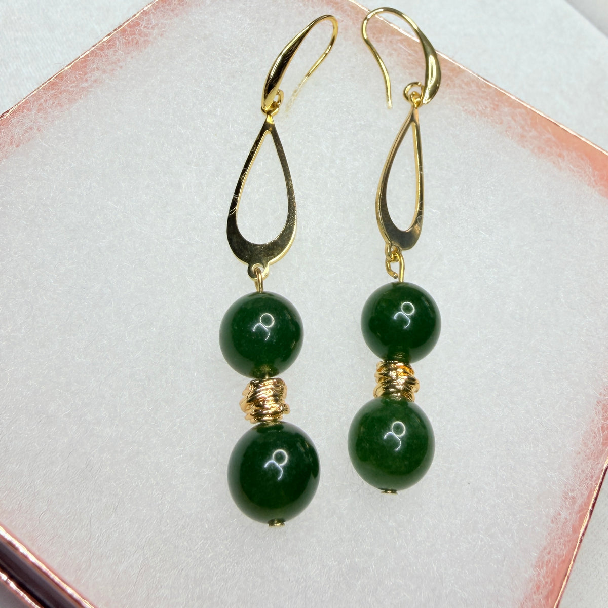 Green Nephrite & Gold Teardrop Dangle Earrings